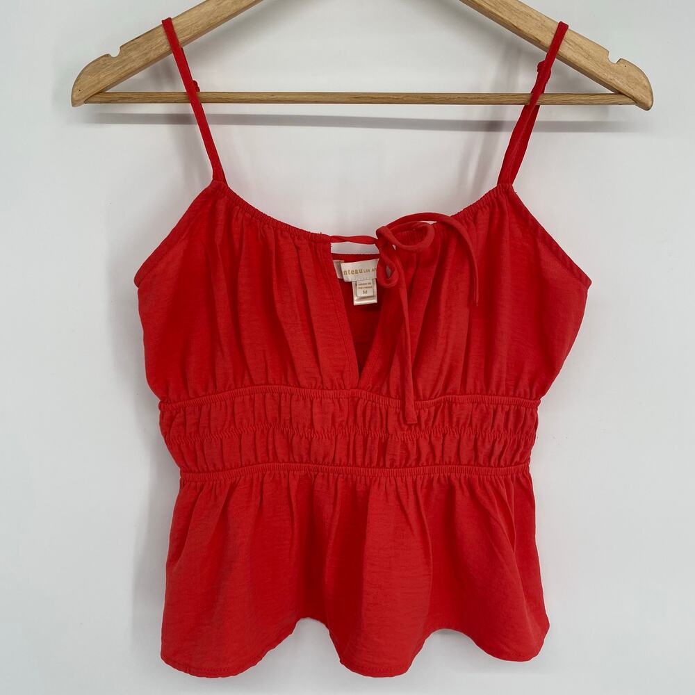 Monteau Top Red Milkmaid Babydoll Smocked Flirty Cropped Festival Feminine‎